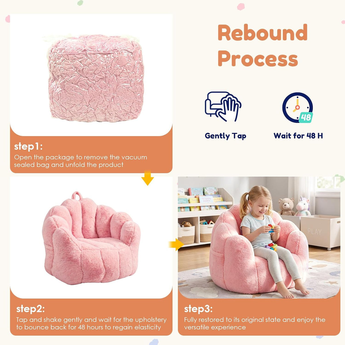 Kids Bean Bag Chair, Comfy Bean Bag Sofa with Handle for Boys Girls, Pink