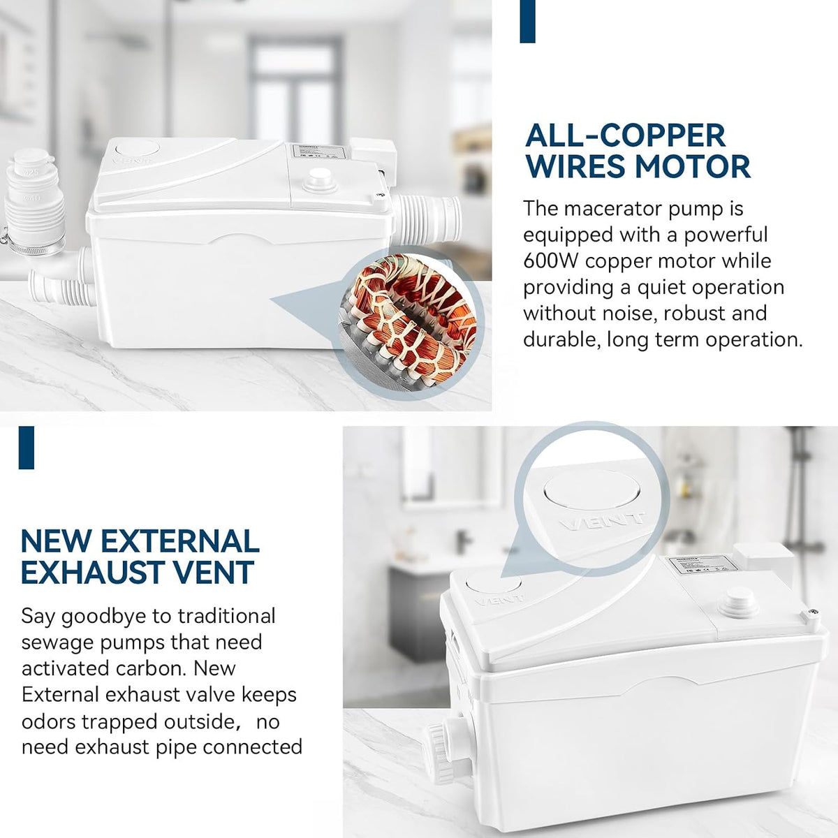 600W Utility Sink Pump with PCB Function Upgrade Structure Upflush to 25FT 1700GPH Under Sink Pump with 3 Water Inlets 1 Outlet Macerating Toilet