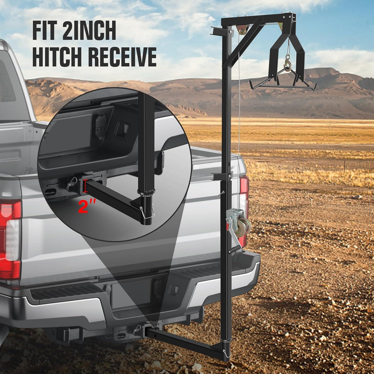 2" Hitch Mounted Deer Hanger, 600LBS Capacity, with 2 Size Gambrels and Winch, Hunting Game Hoist Truck Hitch 360 Degrees Swivel Mounted