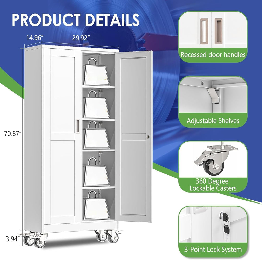 71" Metal Garage Storage Cabinet with Wheels and Locking Doors and Tall Rolling Steel Tool Cabinet with 4 Adjustable Shelves for Garage,Home,Office