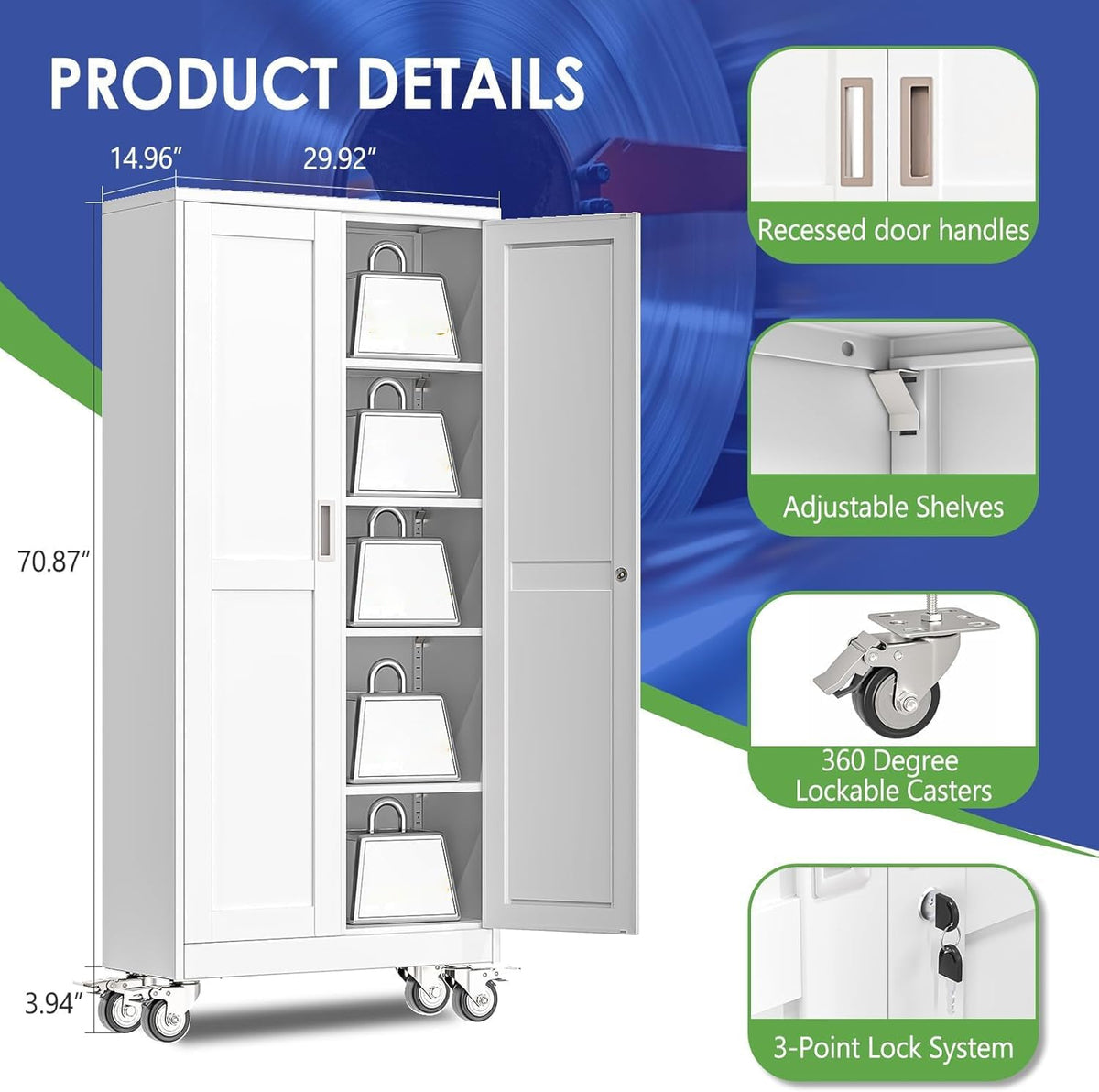71" Metal Garage Storage Cabinet with Wheels and Locking Doors and Tall Rolling Steel Tool Cabinet with 4 Adjustable Shelves for Garage,Home,Office