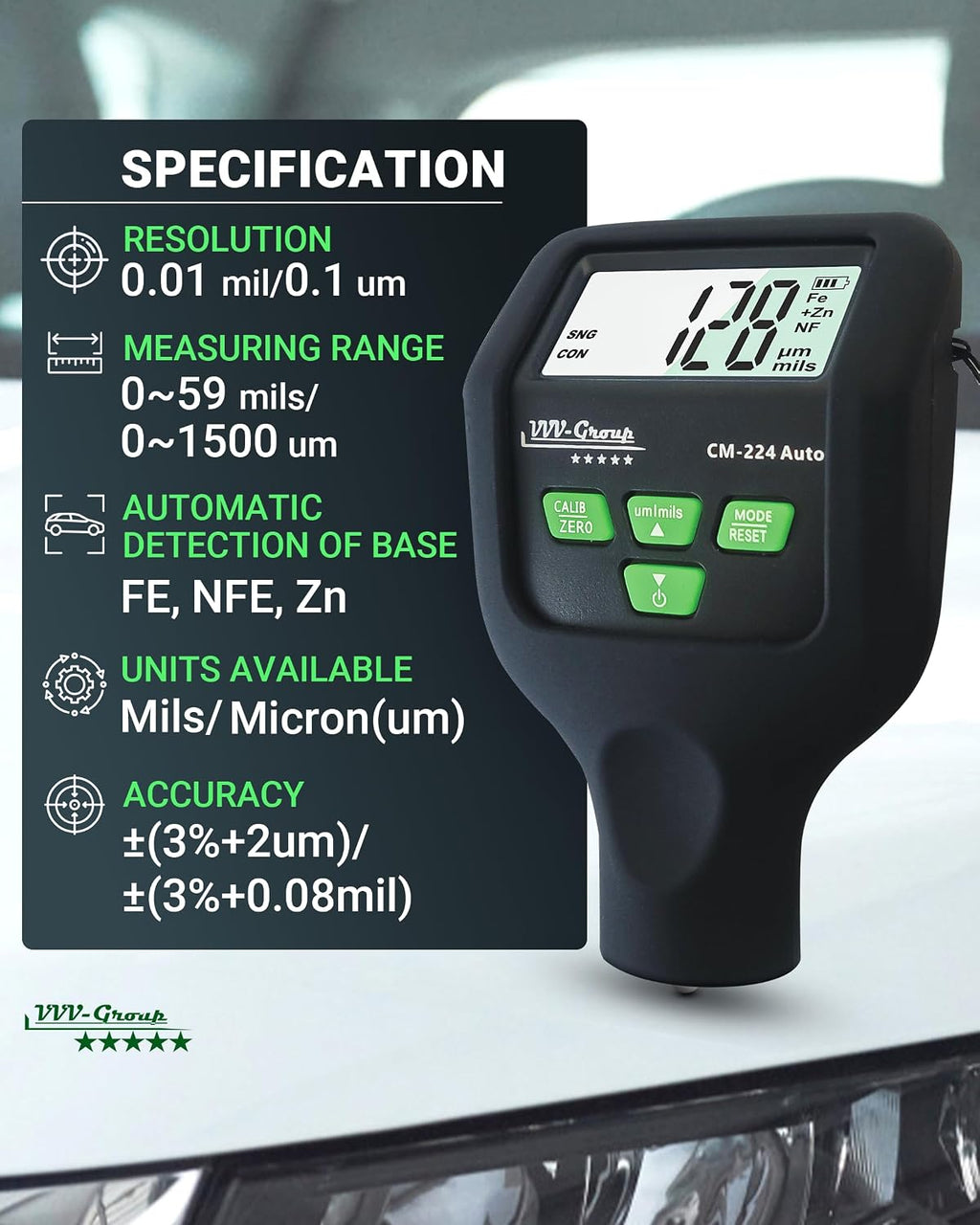 Paint Thickness Gauge CM-224 Auto – Digital Coating Thickness Meter for Cars and Automotive Inspection, Fe / Al / Fe+Zn Detection, 0.1 μm Resolution
