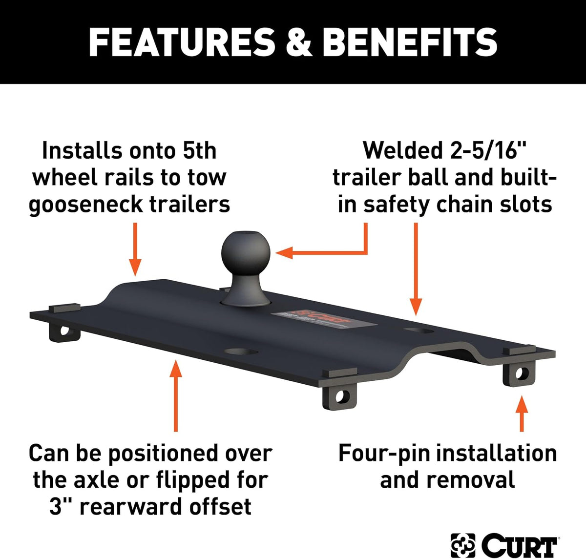 CURT 16055 5th Wheel Rail Gooseneck Hitch, 25,000 lb, 3" Offset