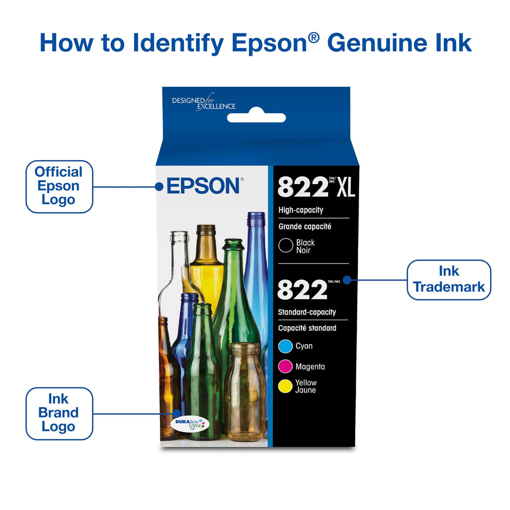 EPSON 822 DURABrite Ultra Ink High Capacity Black & Standard Color Cartridge Combo Pack (T822XL-BCS) Works with WorkForce Pro WF-3820,3823, 4820