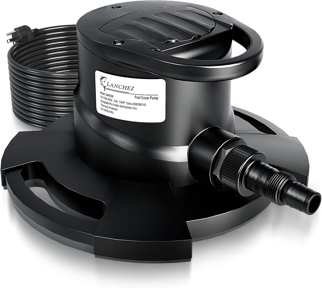 LANCHEZ 1/2HP Automatic Swimming Pool Cover Pump, 2250GPH Submersible Water Sump Pump with Check Valve & 3 Adapters, 25ft Power Cord, Removal for