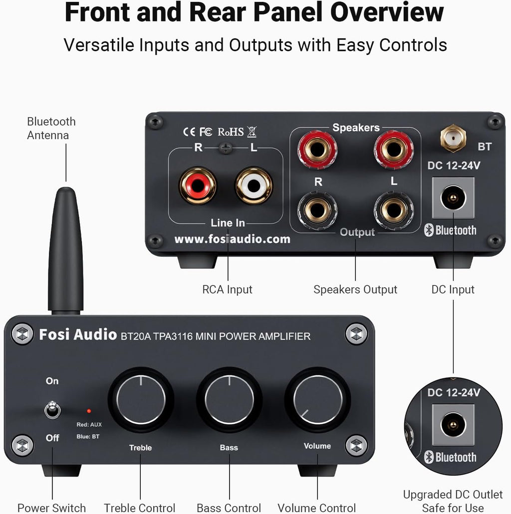 Fosi Audio BT20A Bluetooth Stereo Amplifier, 2 Channel Home Audio Component Amplifiers for Passive Speakers, Mini Class D Amp Receiver 200W for