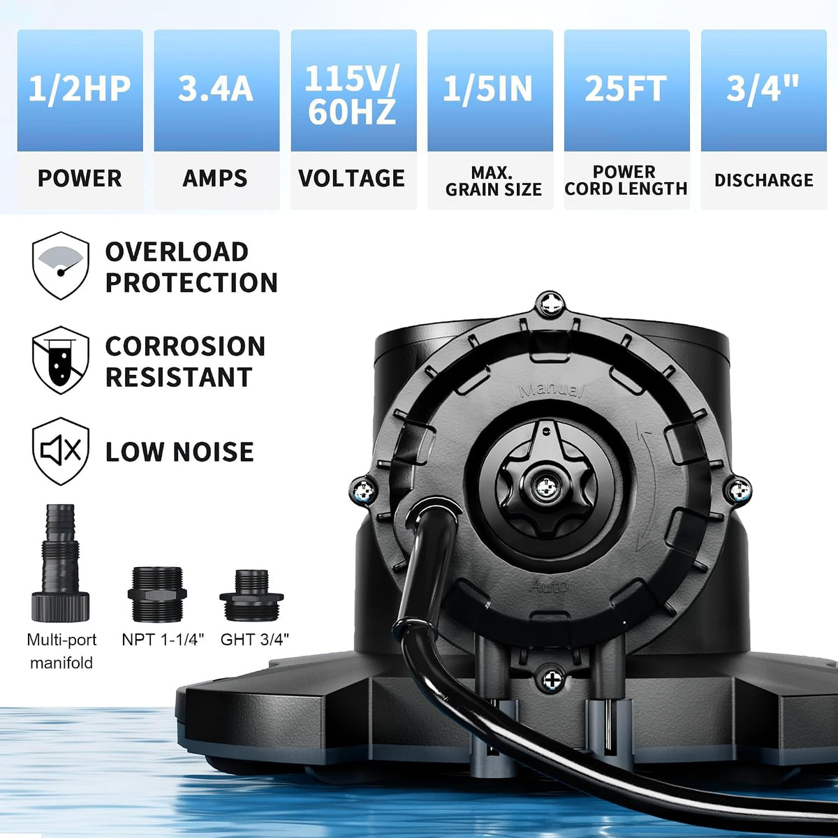 LANCHEZ 1/2HP Automatic Swimming Pool Cover Pump, 2250GPH Submersible Water Sump Pump with Check Valve & 3 Adapters, 25ft Power Cord, Removal for