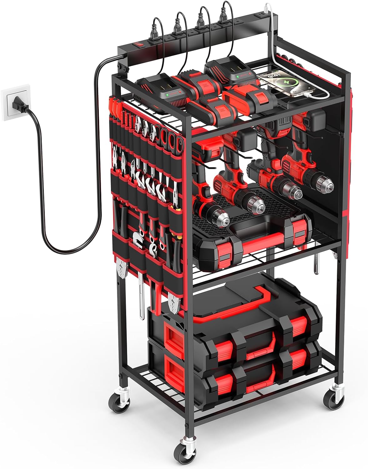 Power Tool Charging Organizer Cart, 8 Outlet 3 USB, 6 FT Cord, Red