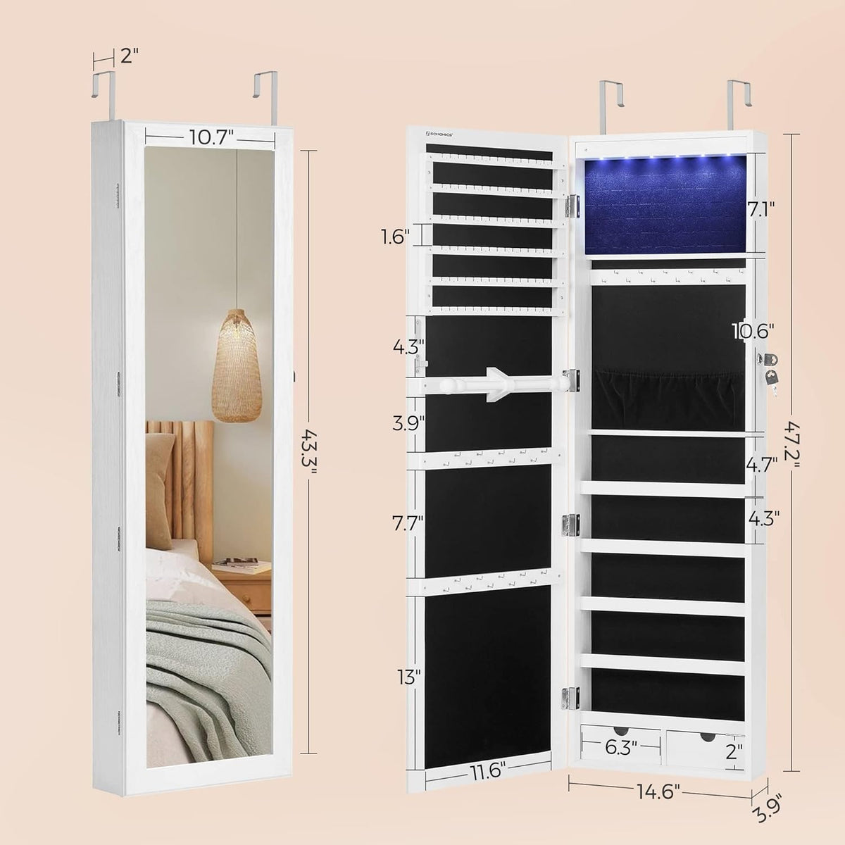 SONGMICS 6 LEDs Mirror Jewelry Cabinet, 47.2-Inch Tall Lockable Wall or Door Mounted Jewelry Armoire Organizer with Mirror, 2 Drawers, 3.9 x 14.6 x