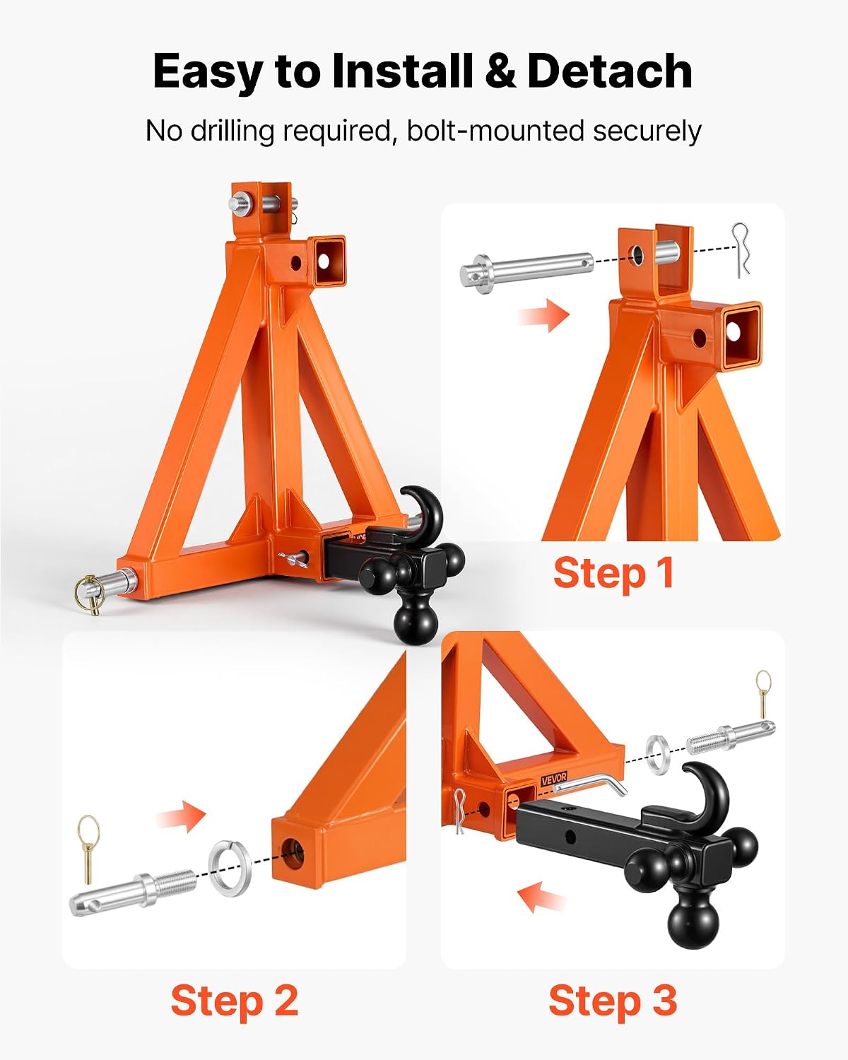 VEVOR 3 Point Trailer Hitch with 2" Receiver, 3 Pt Quick Hitch with 3 Trailer Balls, Tractor Tow Drawbar Adapter for Category 1, Kubota, Mahindra