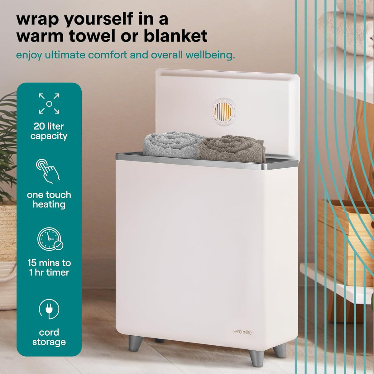 SereneLife Luxury Rectangle Towel Warmer - Spa & Bathroom Heater with Custom Fragrance, Auto Shut-Off, Fits 2 large Towels, Blankets, Bathrobes, PJ's