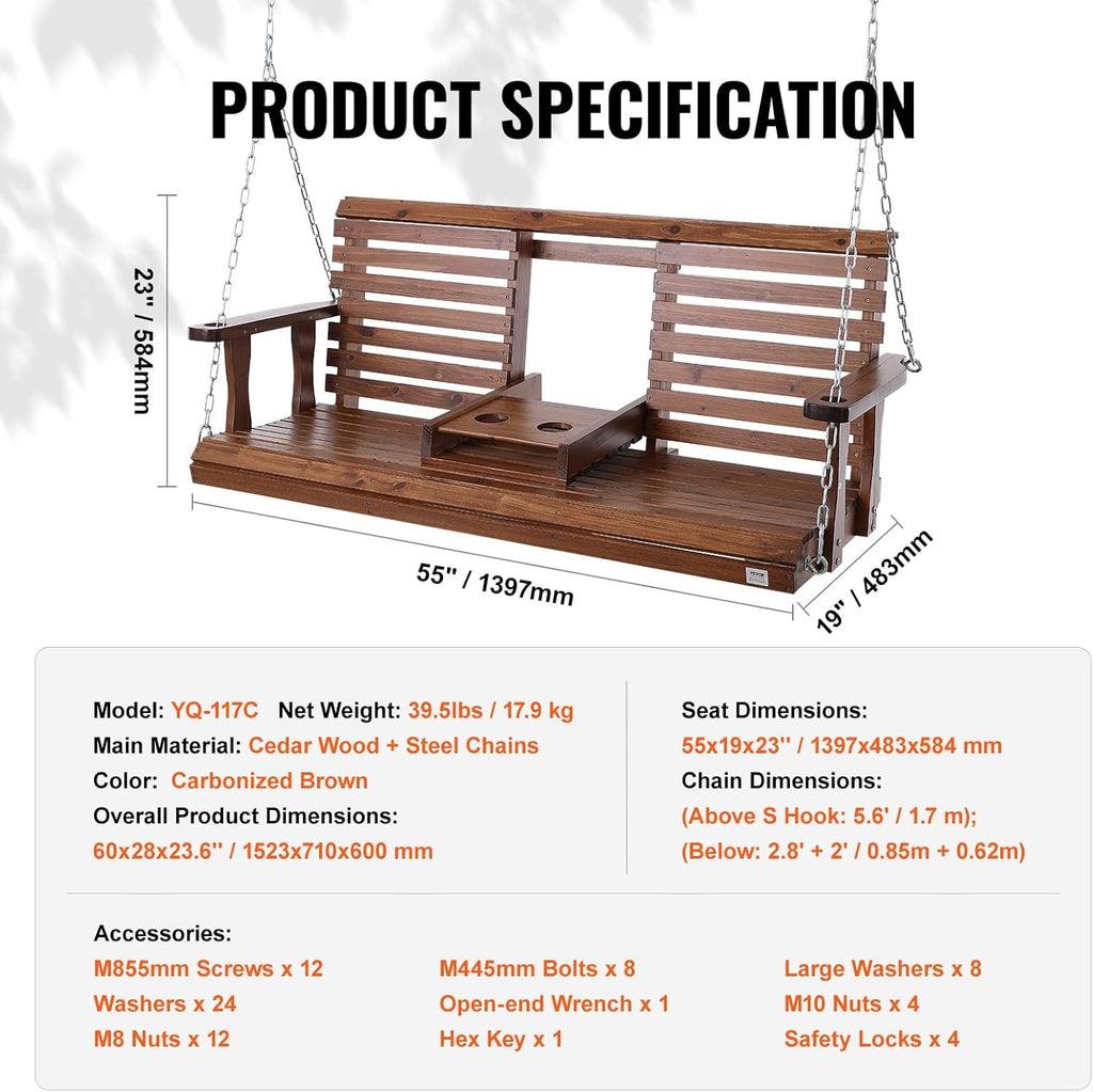 VEVOR Wooden Porch Swing 5 ft, Patio Bench Swing for Courtyard & Garden, Upgraded 880 lbs Strong Load Capacity, Heavy Duty Swing Chair Bench with