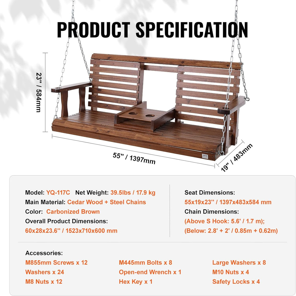 VEVOR Wooden Porch Swing 5 ft, Patio Bench Swing for Courtyard & Garden, Upgraded 880 lbs Strong Load Capacity, Heavy Duty Swing Chair Bench with