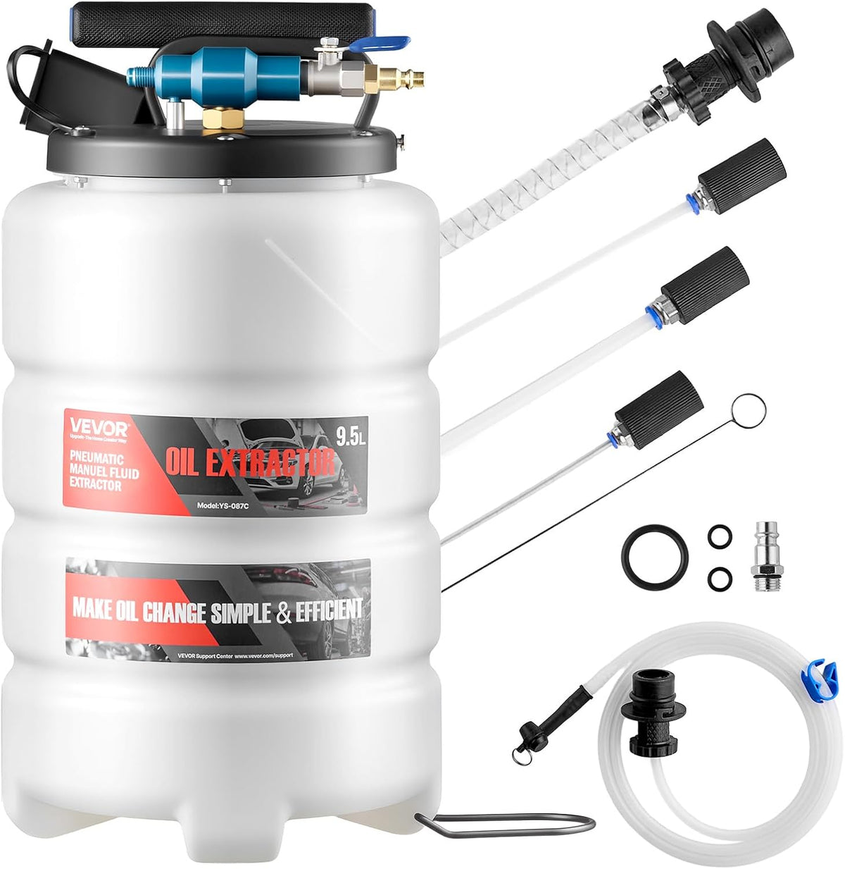 VEVOR Fluid Extractor, 9.5 L Capacity, Pneumatic/Manual Vacuum Oil Extractor Pump with 59 in Long Horse & Three 47 in Extension Tubes, Oil Change