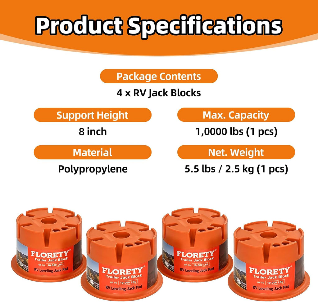 Trailer Jack Block 4 Pack, Heavy Duty RV Jack Blocks-8''Height 10,000 lbs Capacity,Leveling Jack Pads for 5th Wheel, Travel Trailer, Camper, Tongue