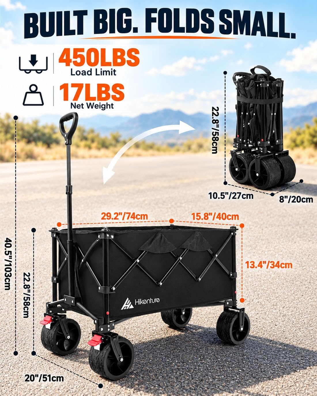 Hikenture Wagons Carts Foldable, 450 LBS Capacity Collapsible Beach Wagon