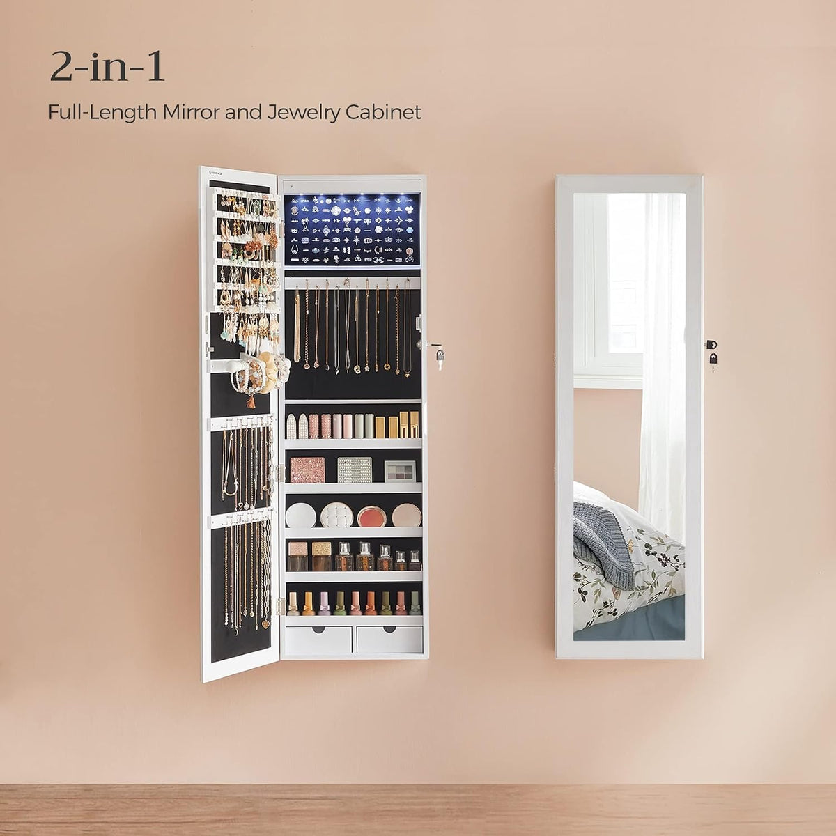 SONGMICS 6 LEDs Mirror Jewelry Cabinet, 47.2-Inch Tall Lockable Wall or Door Mounted Jewelry Armoire Organizer with Mirror, 2 Drawers, 3.9 x 14.6 x
