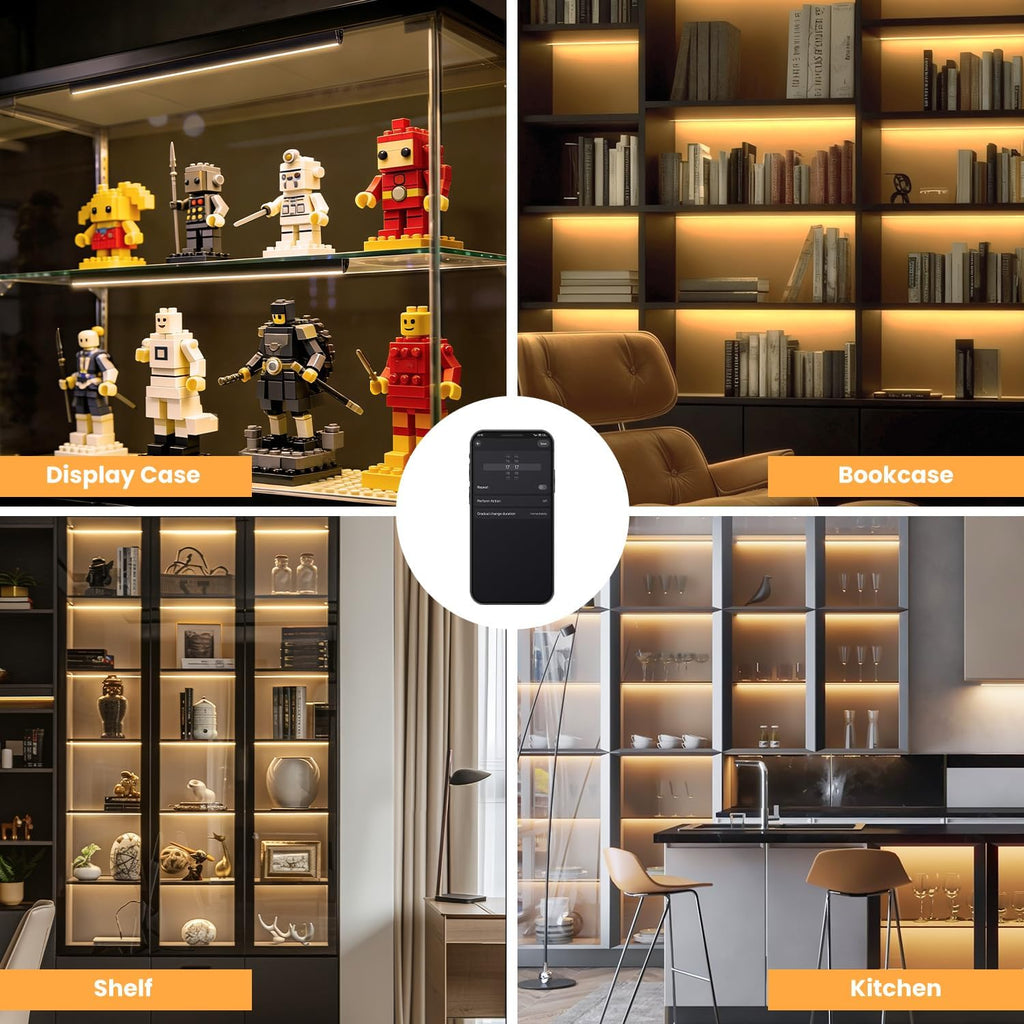 Black Shelf Lights, LED Bookcase Lighting Compatible with Alexa, WiFi Dimmable 2700K Under Shelf Lighting for Bookshelf, Display Case, Cabinets with