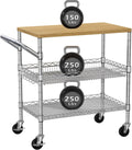 3 Tier Rolling Kitchen Carts on Wheels with Storage,650Lbs Heavy Duty Utility Carts with Wheels,Kitchen Island with Wood Tabletop,Metal Serving