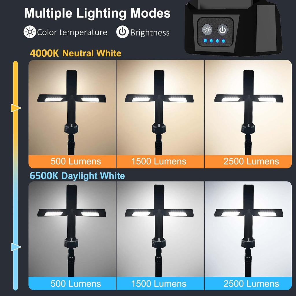 Rechargeable LED Work Light with Stand, Aluminum 67" Portable Cordless Work Light, 8AH Battery, 500/1500/2500 Lumen, 4000/6500K Dimmable Camping