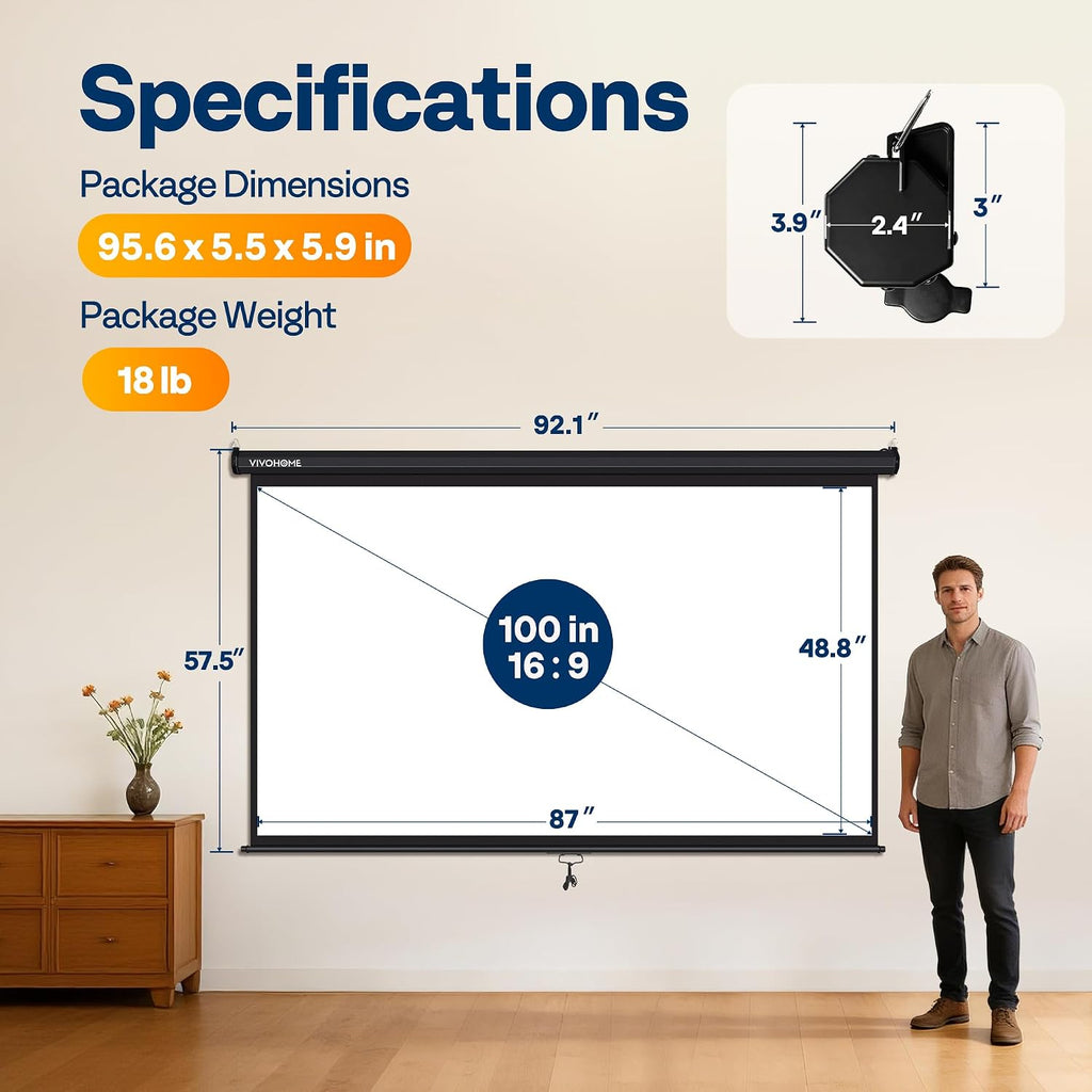 VIVOHOME 100 Inch 16:9 Pull Down Projector Screen, Black