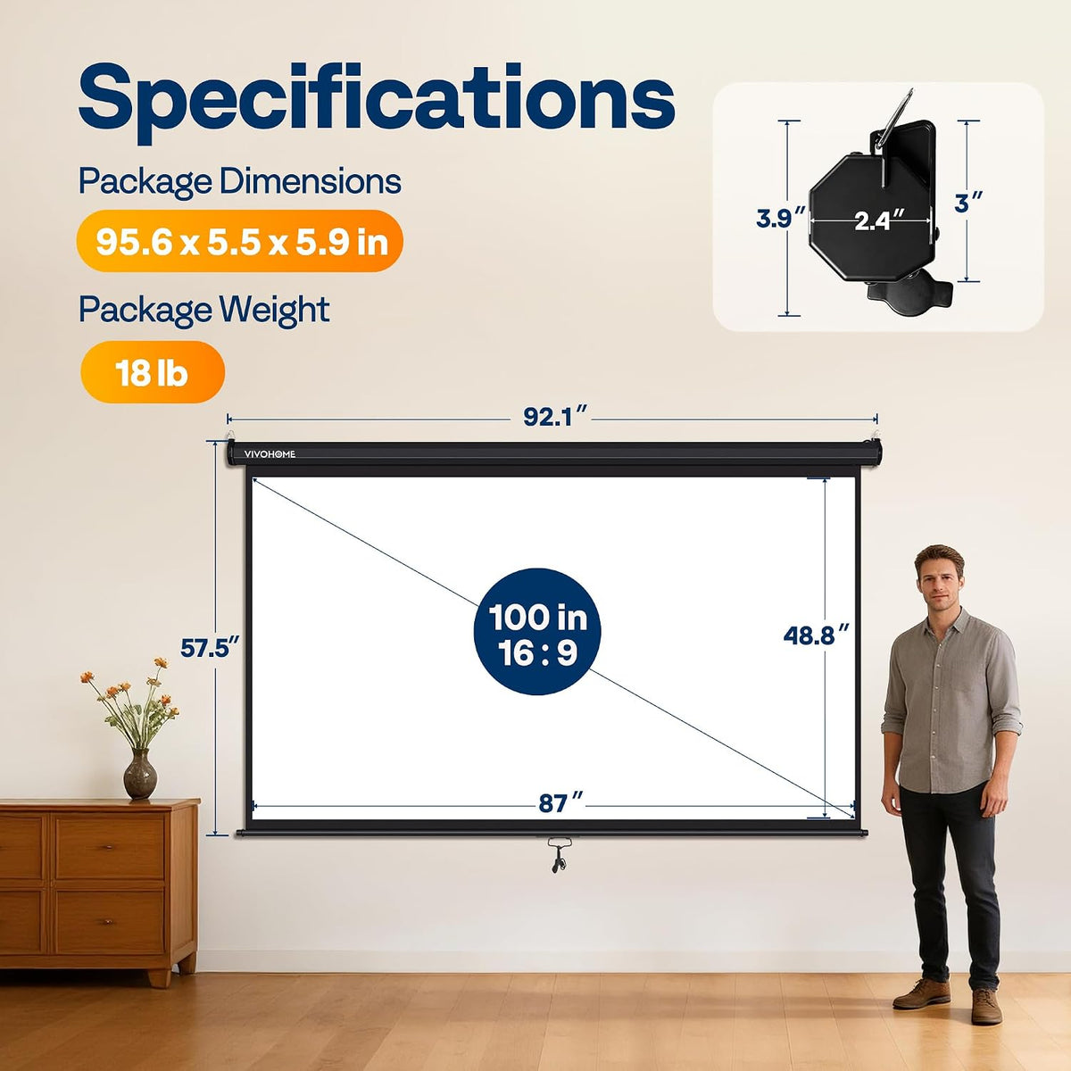 VIVOHOME 100 Inch 16:9 Pull Down Projector Screen, Black