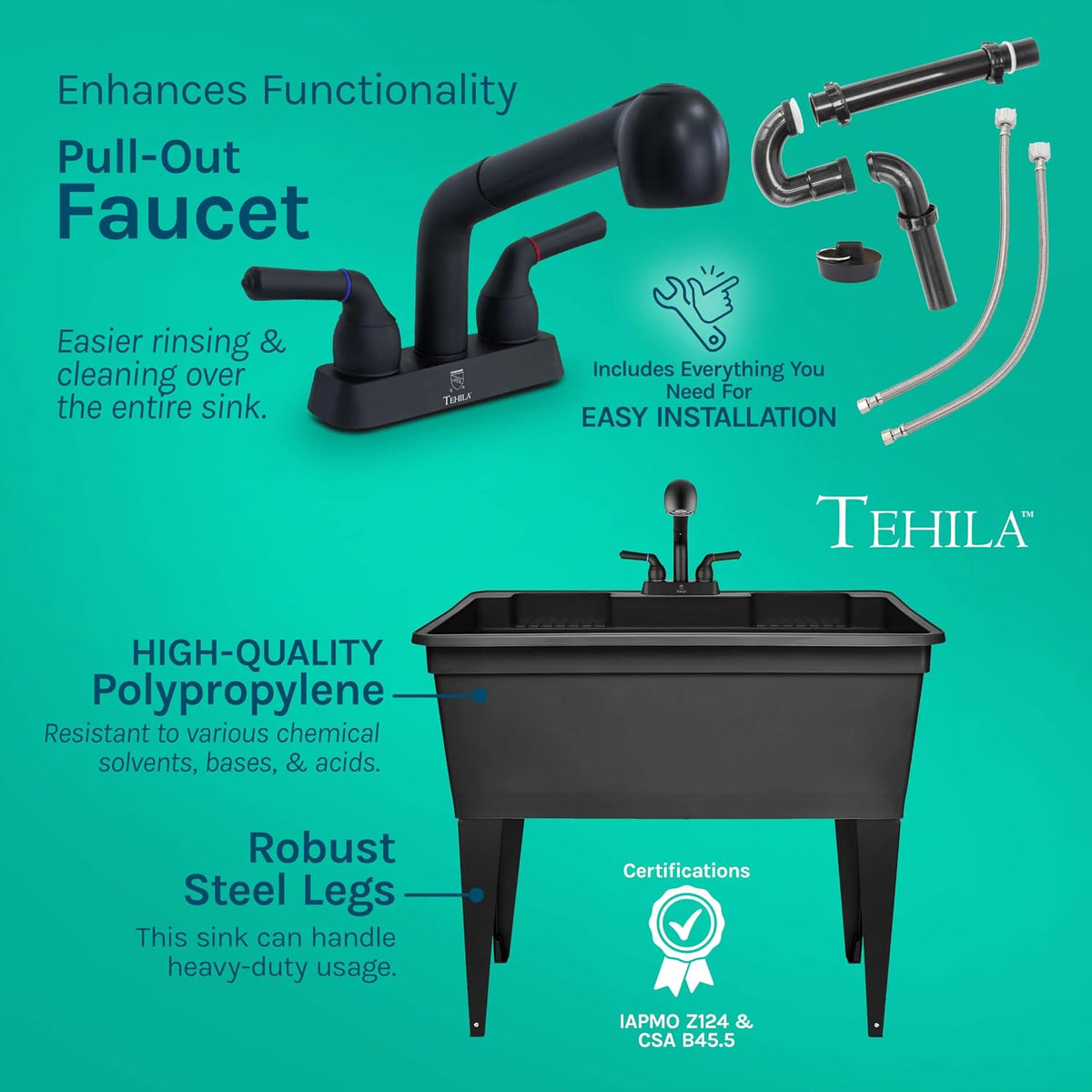 Tehila Freestanding Double-Wide Utility Sink with Steel Legs & Black Pull-Out Faucet, Multi-Purpose Heavy-Duty Laundry Tub and Kitchen Sink for Homes