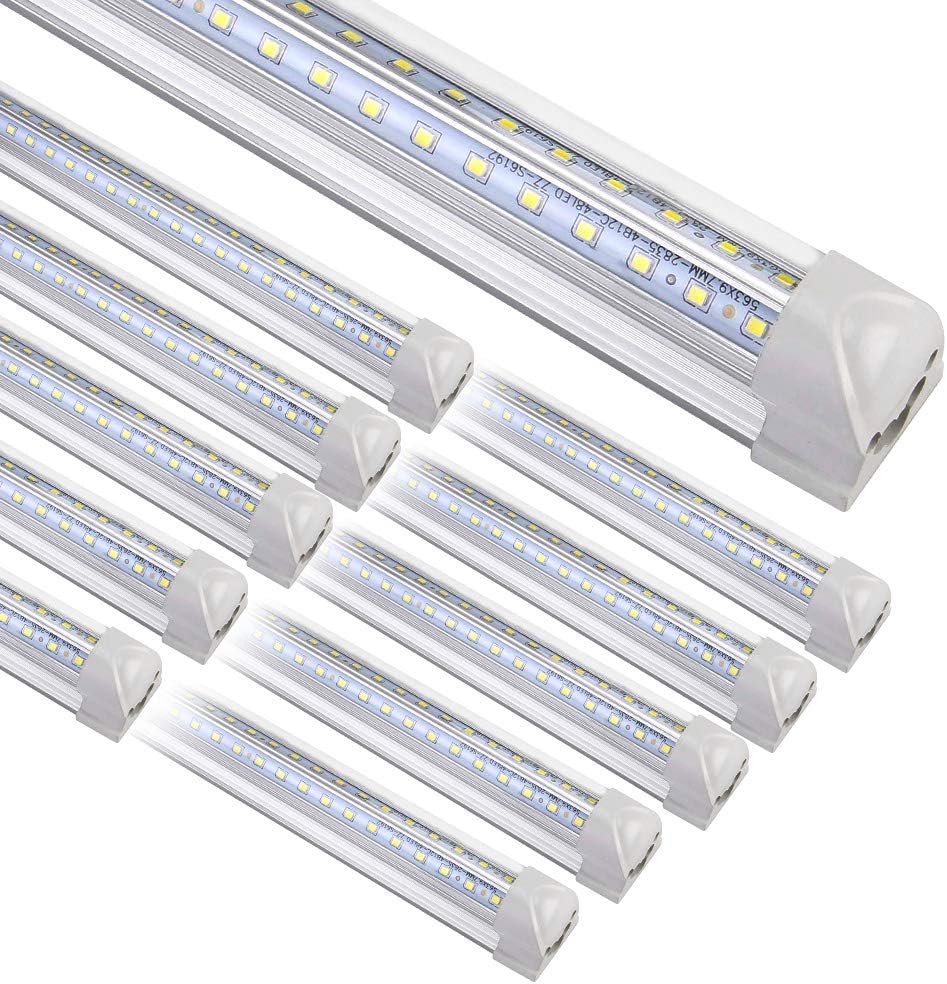 Henwsi 8FT LED Shop Light Fixture, White 10 Pack T8 Integrated Tube Lights, 72W 9500LM 6500K High Output Clear Cover, V Shape 270 Degree Lighting for