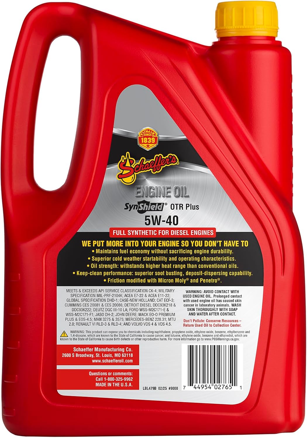 Schaeffer Manufacturing Co. 9000CK4-006S SynShield OTR Plus Full Synthetic Diesel Engine Oil 5W-40, 1-Gallon Bottle