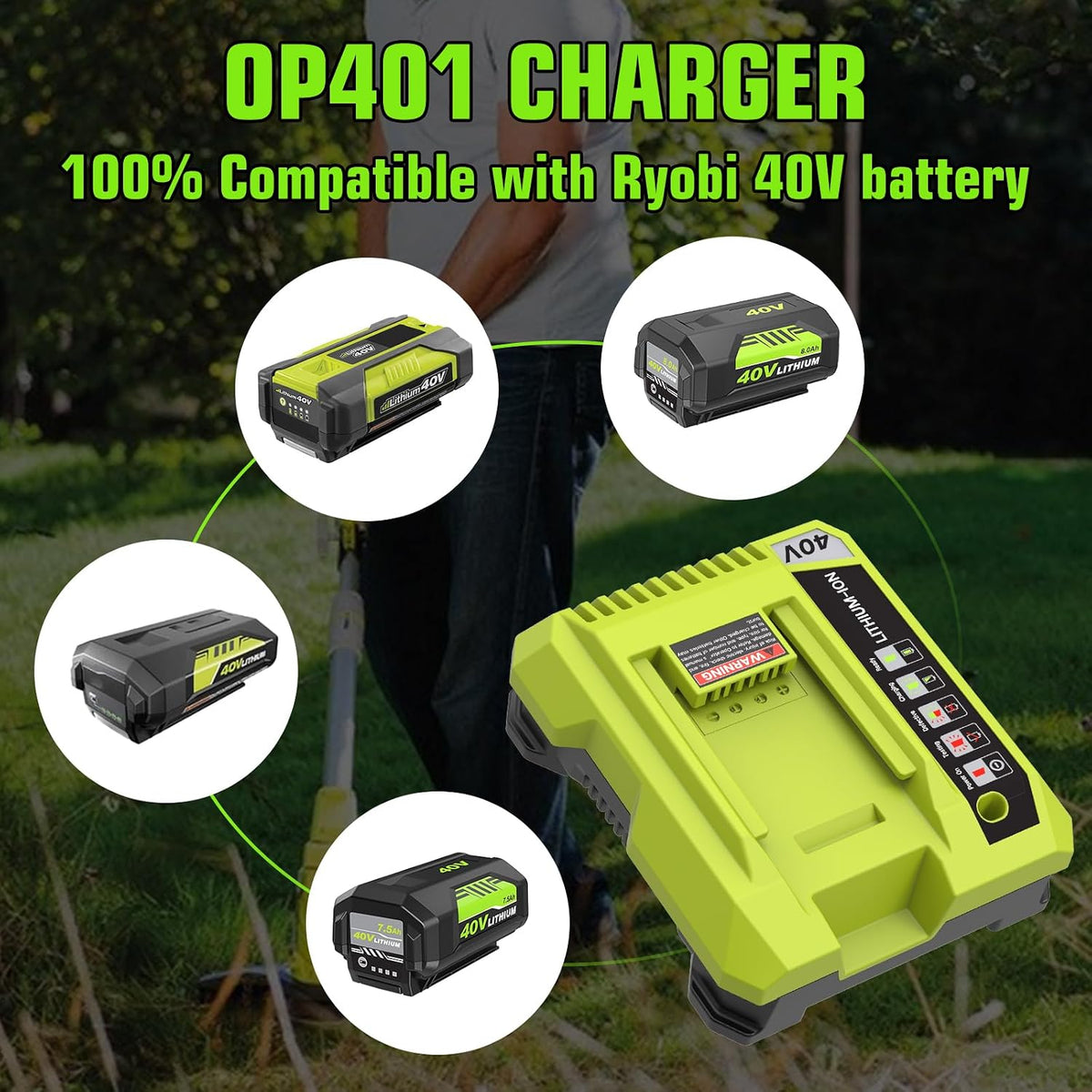 2 Pack 7500mAh Replacement for Ryobi 40V Battery OP4075A and Charger Bundle