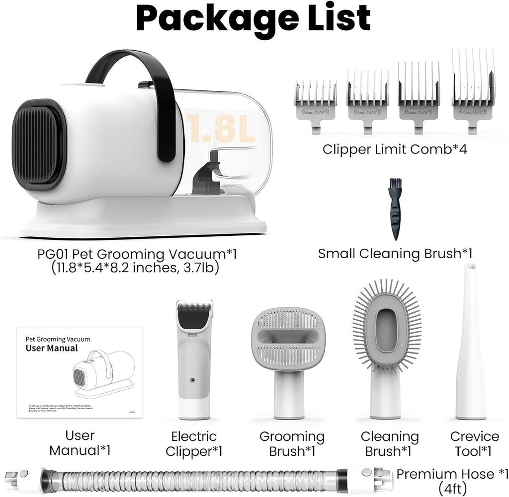 Dog Grooming Vacuum, All-in-One Pet Grooming Kit with Hair Clipper & Shedding Brush, Low Noise 12,000Pa Dog Hair Remover Vacuum, Pet Groomer Set with
