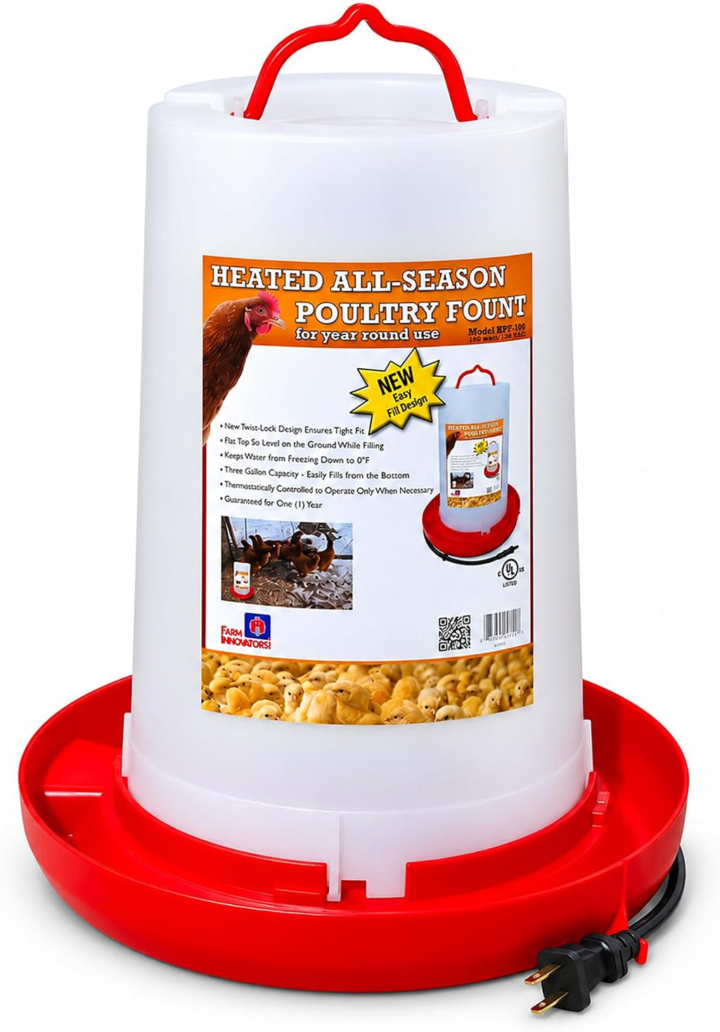 Farm Innovators Thermostatically Controlled Heated 3 Gallon Plastic Outdoor Year Round Hanging Water Fountain for Poultry Watering, Red