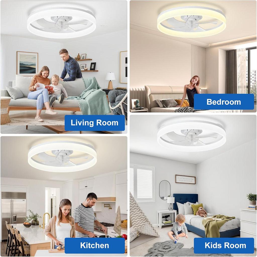 DLLT Modern Ceiling Fans with Lights: 20" Full Package Low Profile Ceiling Fan with APP Remote Control - White Flush Mount LED Bladeless Fandelier