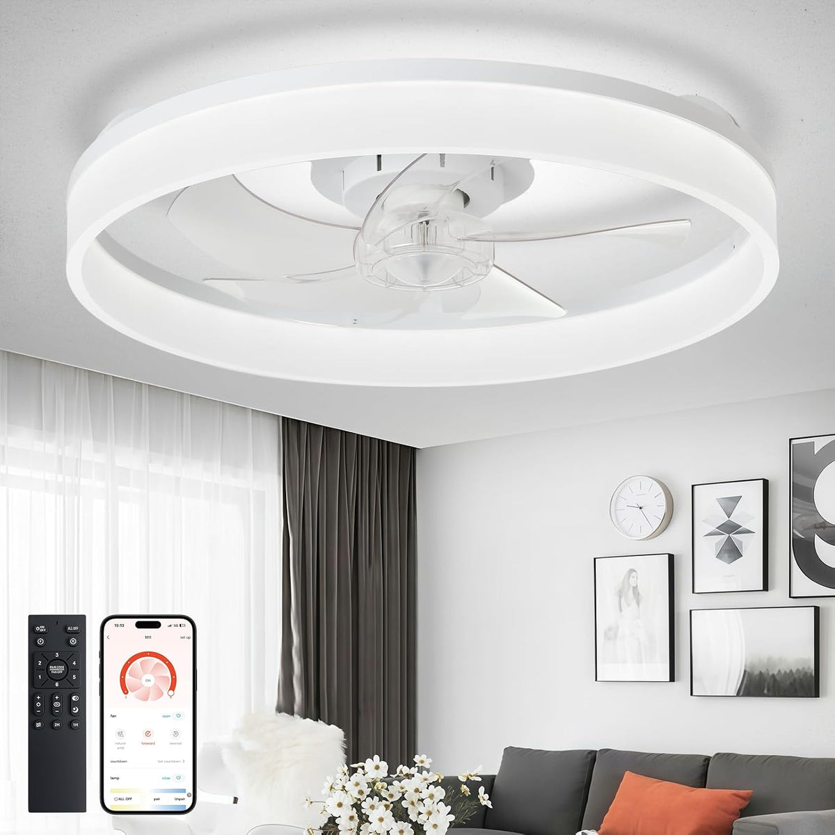 DLLT Modern Ceiling Fans with Lights: 20" Full Package Low Profile Ceiling Fan with APP Remote Control - White Flush Mount LED Bladeless Fandelier