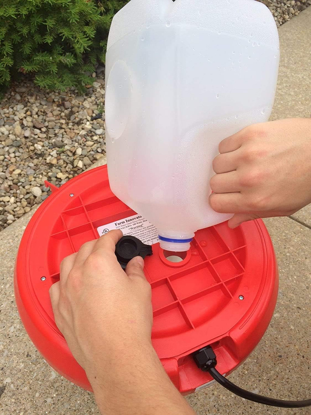 Farm Innovators Thermostatically Controlled Heated 3 Gallon Plastic Outdoor Year Round Hanging Water Fountain for Poultry Watering, Red