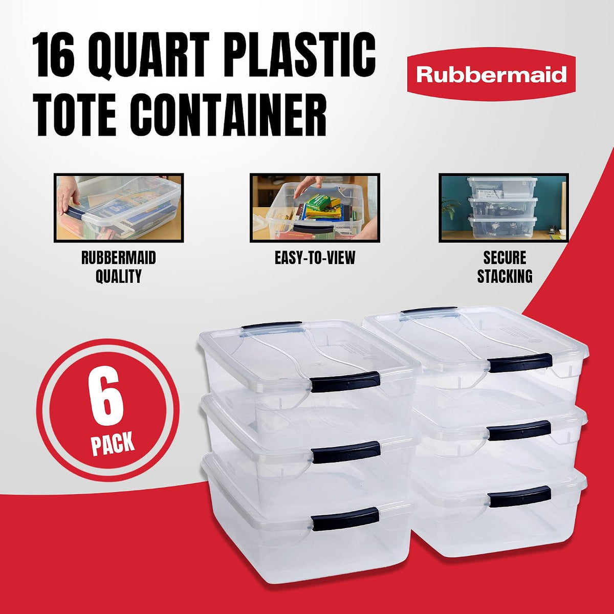 Rubbermaid Cleverstore 17 Qt Clear Storage Bins with Lids, 6 Pack