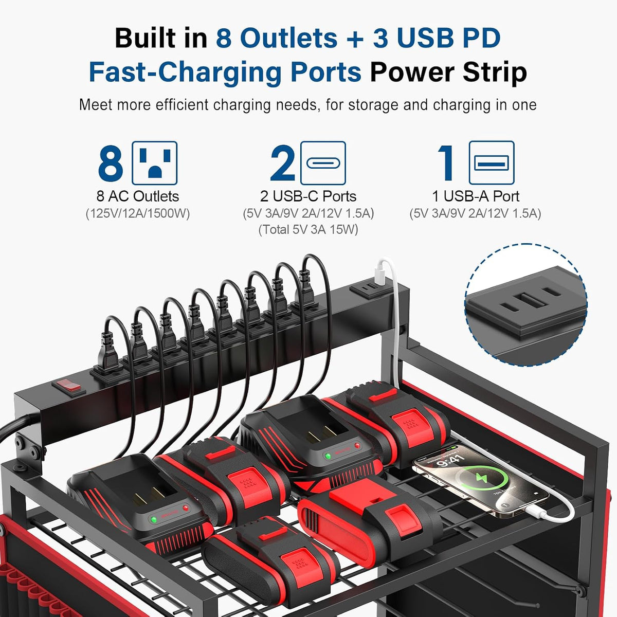 Power Tool Charging Organizer Cart, 8 Outlet 3 USB, 6 FT Cord, Red