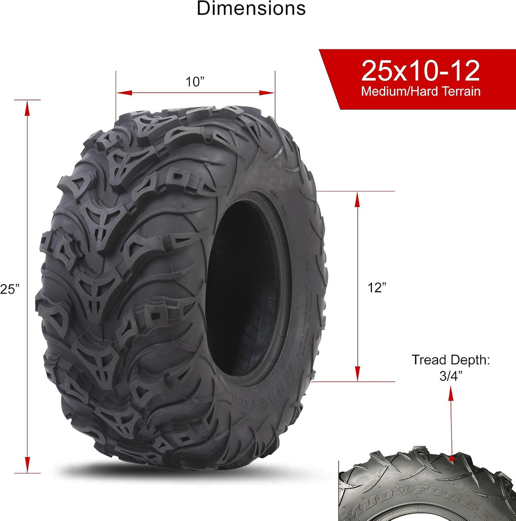 Tusk Mud Force ATV Tire Set - 25x8-12 Front, 25x10-12 Rear, Set of 4