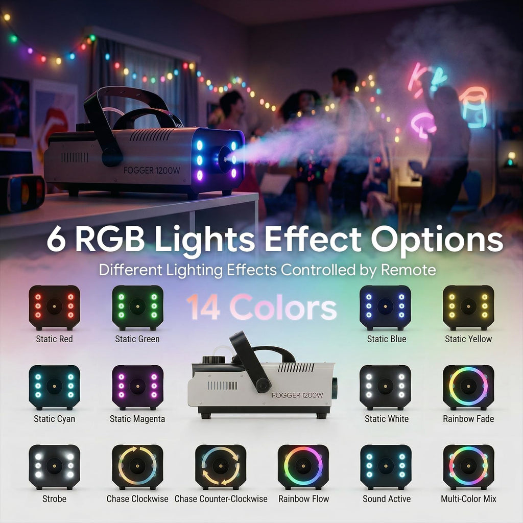 1200W Fog Machine, Halloween Smoke Machine with 14 Colors Lights & Wireless Remote Control, 6000CFM Haze Machine for Wedding, Party, Stage, Indoor