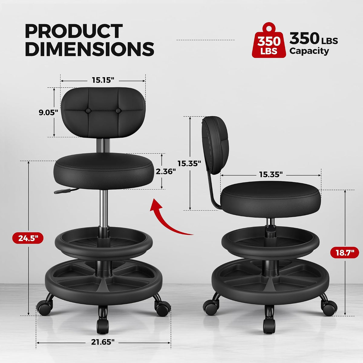 Upgrade Rolling Shop Stool with Wheels for Garage, Adjustable Height Heavy Duty Garage Stool with Double Storage Tray, Mechanic Stool Chair with