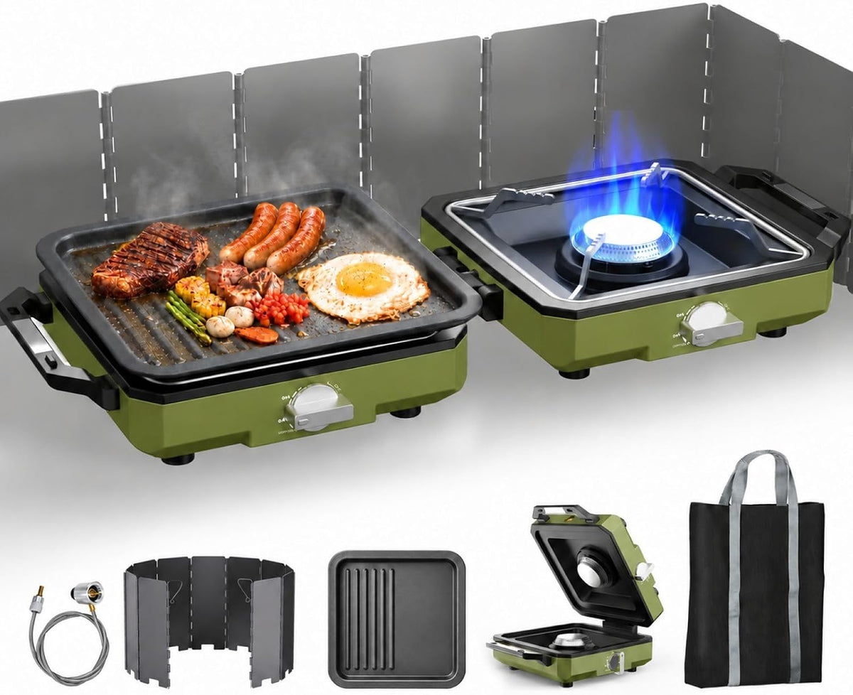 2 Burner Camping Stove with Windshield, 20000 BTU Propane Camp Stove, Portable Folding Gas Stove, Camping Essentials Gear Includes Frying Pan, Coffee