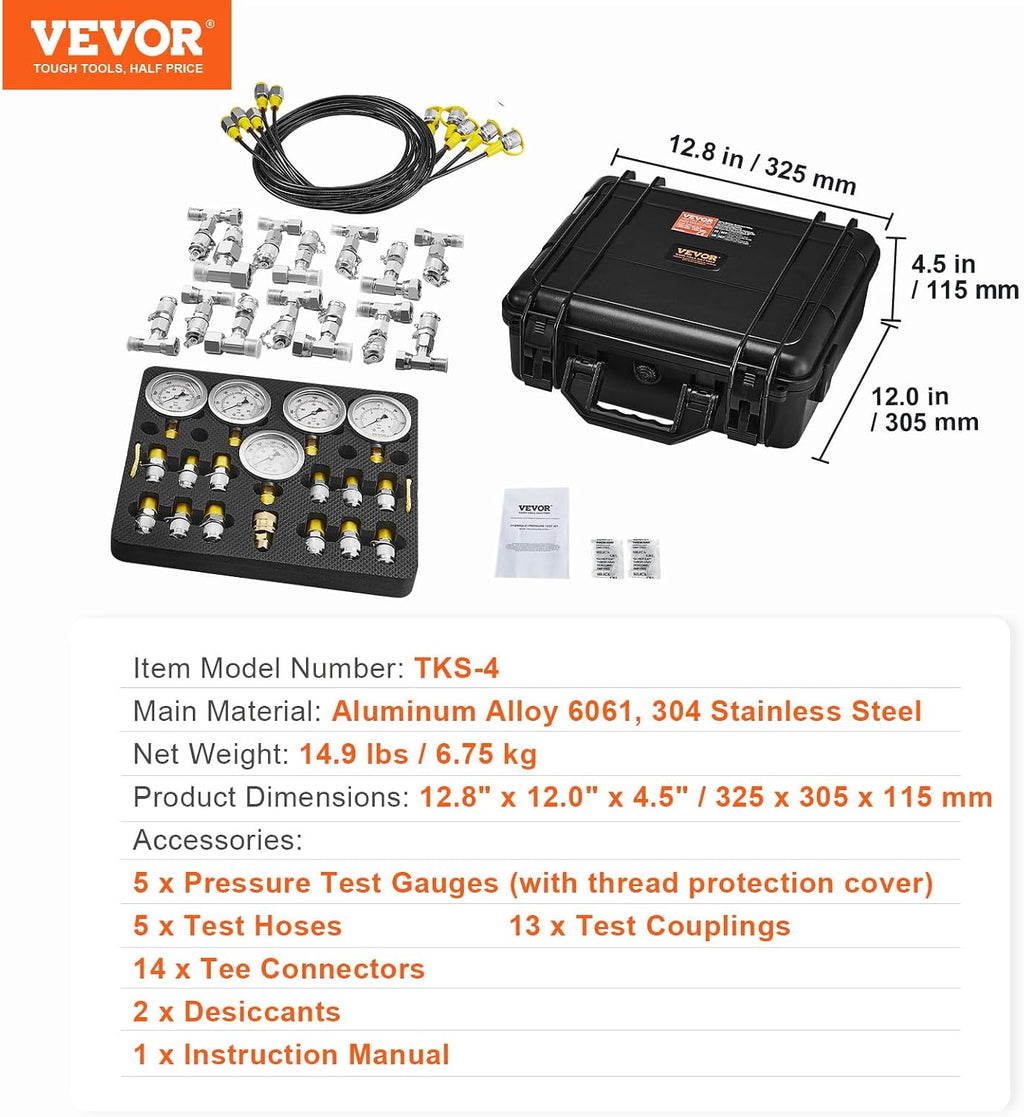 VEVOR Hydraulic Pressure Test Kit, 10/100/250/400/600bar, 5 Gauges 13 Test Couplings 14 Tee Connectors 5 Test Hoses, Hydraulic Gauge Kit with Sturdy