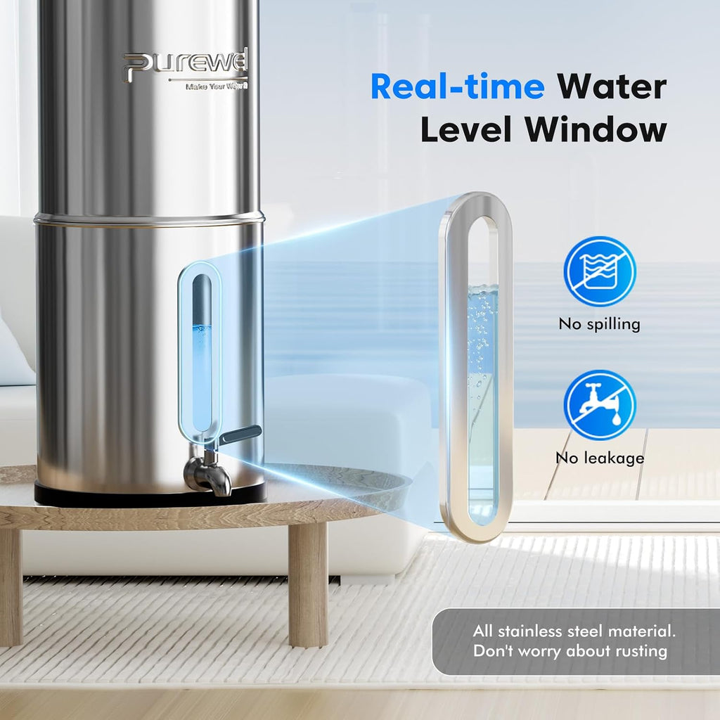 Purewell 2.25G Gravity Water Filter System with Water Level Window, 3-Stage 0.01μm Ultra-Filtration Stainless Steel Countertop System with 2 Filters
