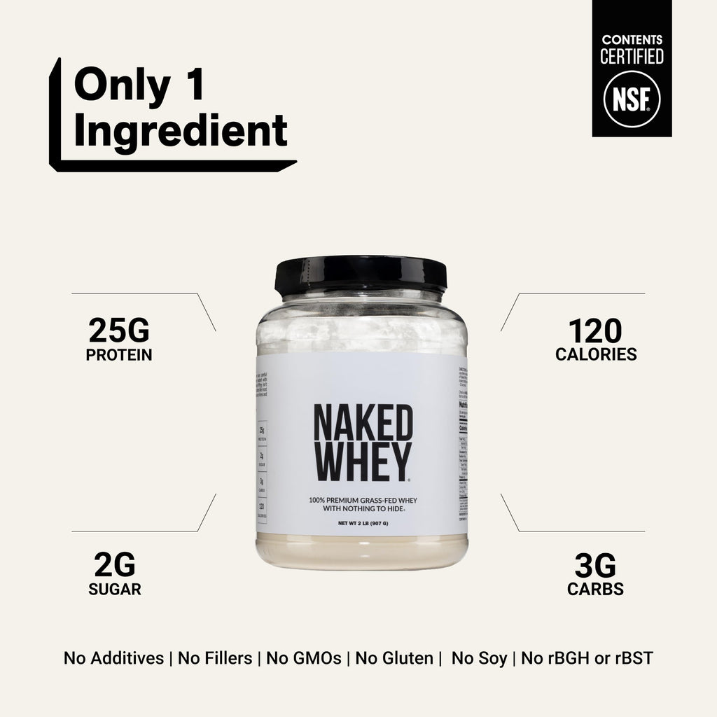 NAKED Whey 2LB 100% Grass Fed Whey Protein Powder - Only 1 Ingredient, Unflavored Whey Protein, NSF Certified, Undenatured, Gluten Free, Soy Free, No