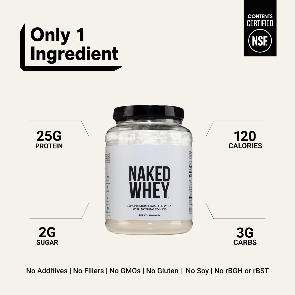 NAKED Whey 2LB 100% Grass Fed Whey Protein Powder - Only 1 Ingredient, Unflavored Whey Protein, NSF Certified, Undenatured, Gluten Free, Soy Free, No