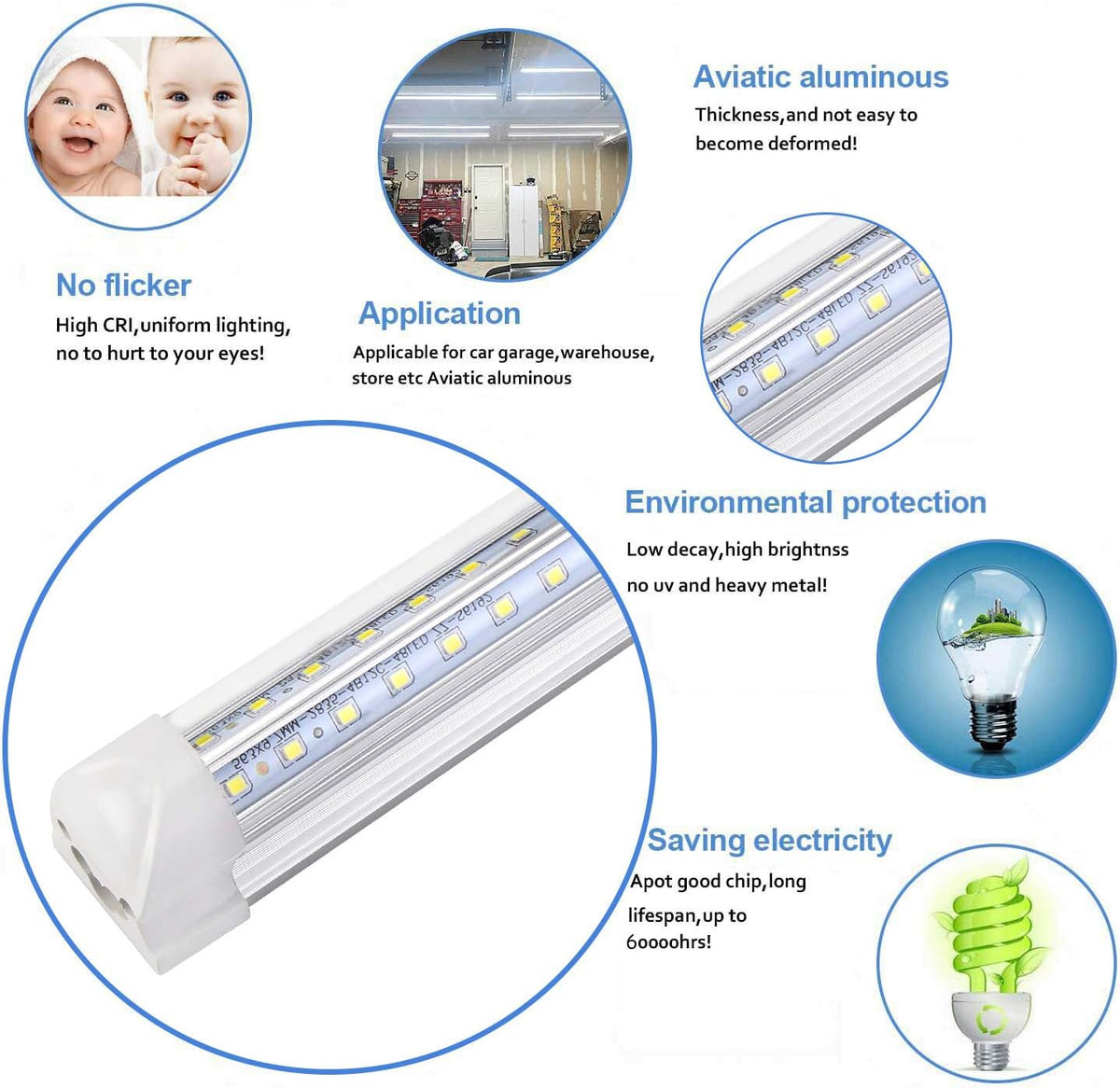 Henwsi 8FT LED Shop Light Fixture, White 10 Pack T8 Integrated Tube Lights, 72W 9500LM 6500K High Output Clear Cover, V Shape 270 Degree Lighting for