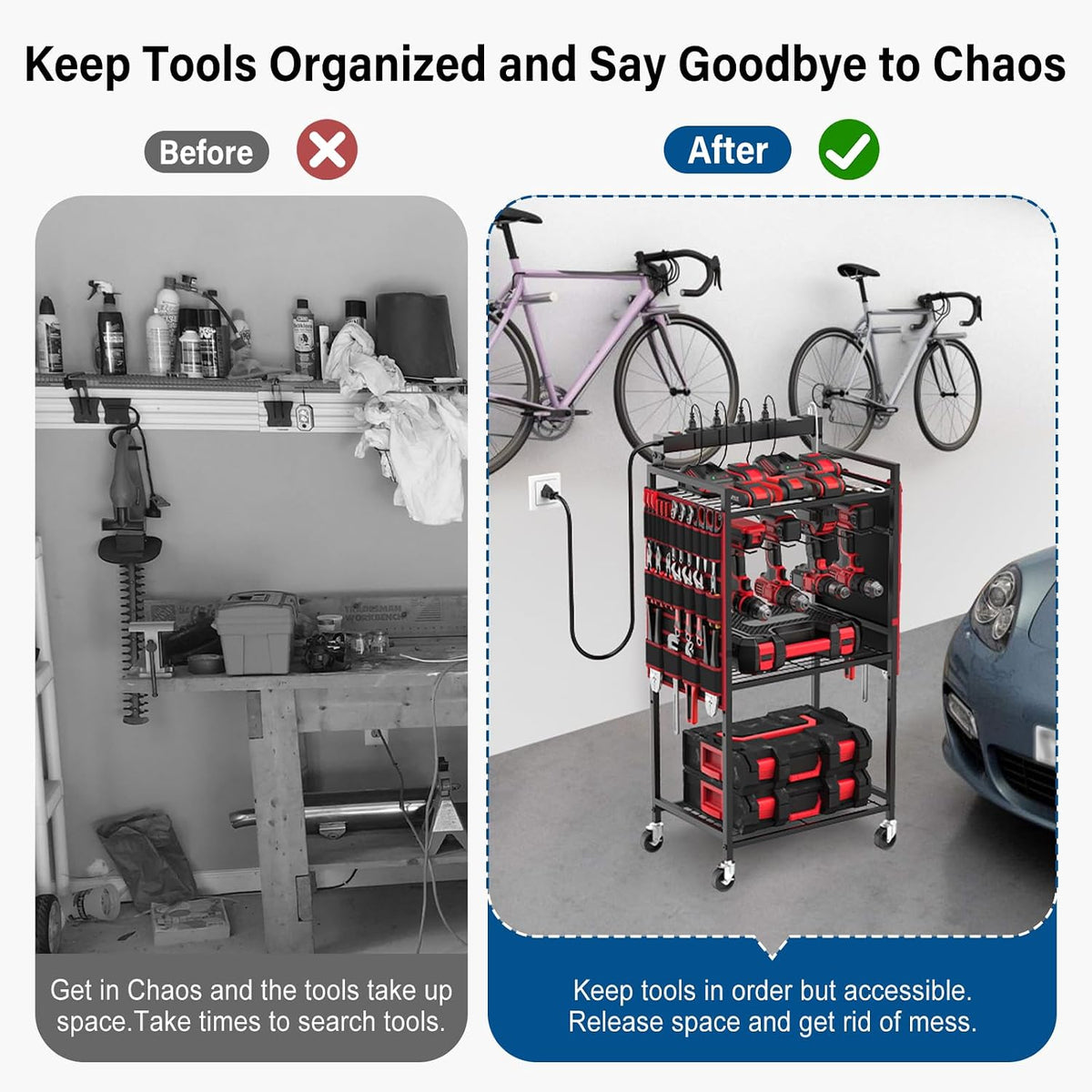 Power Tool Charging Organizer Cart, 8 Outlet 3 USB, 6 FT Cord, Red