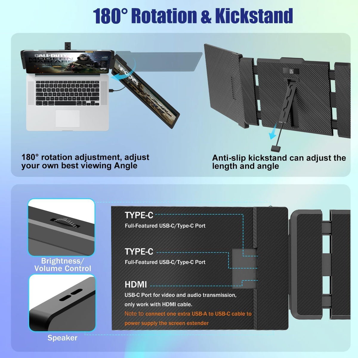 KEFEYA Laptop Screen Extender, 14" FHD 1080P IPS Laptop Monitor Extender Dual Screen, Portable Monitor for Laptops 13-17" with USB-C/HDMI Port, Plug