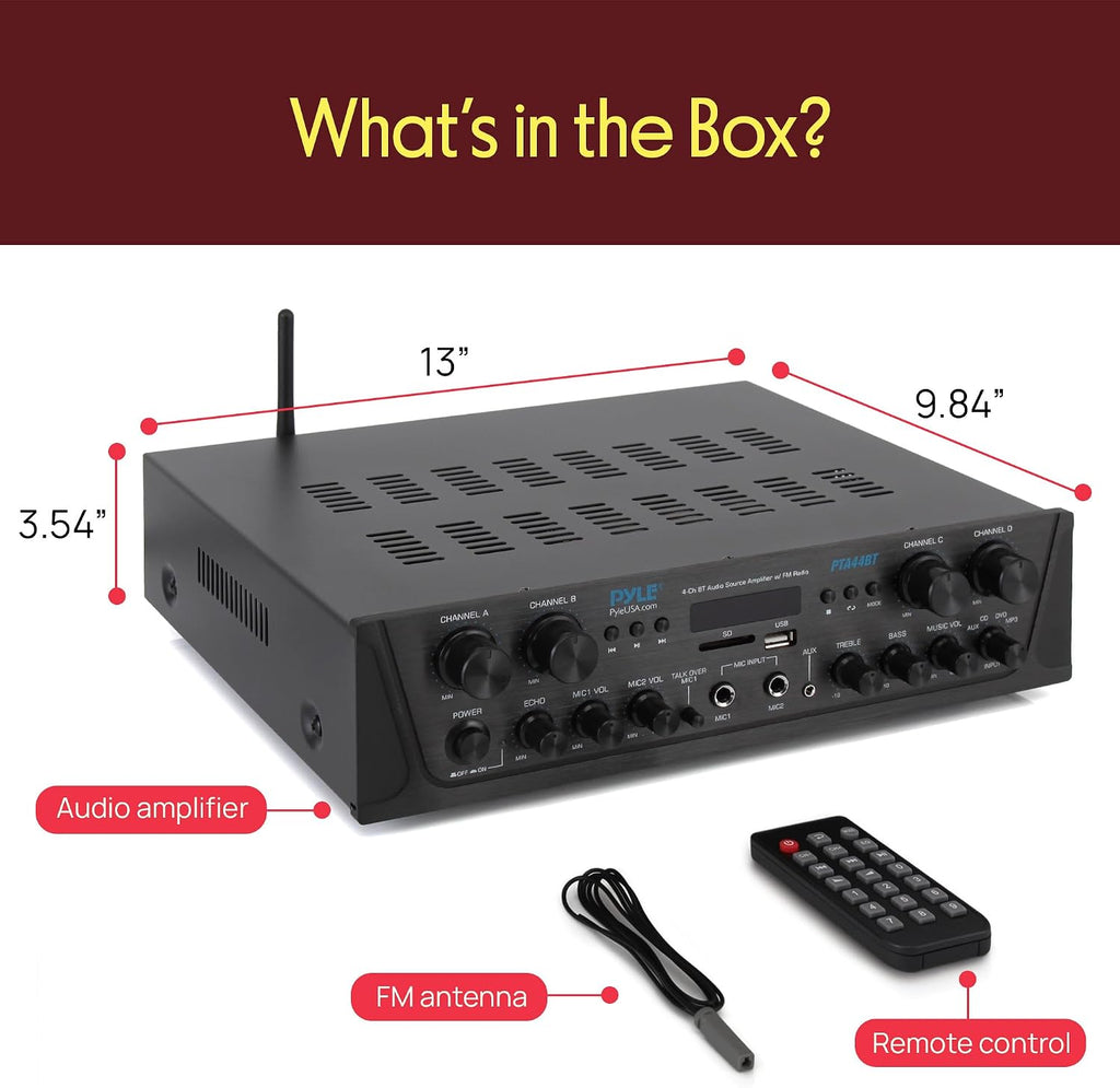 Pyle 4-Channel Audio Amplifier with Bluetooth - Home Stereo Receiver w/ 500W Max Power - Commercial or Karaoke - Dual Mic Input with Echo, Vol, Talk
