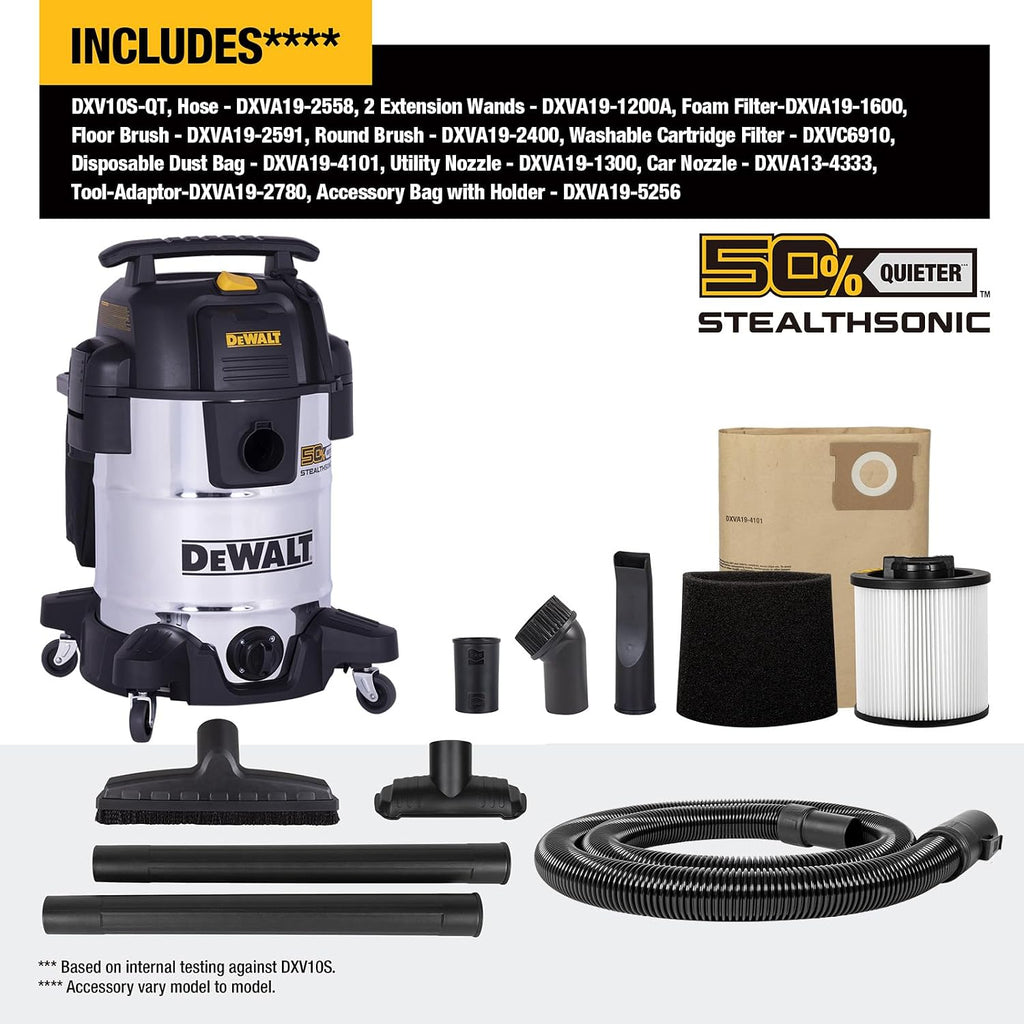 DEWALT 10 Gallon STEALTHSONIC Shop Vacuum Wet and Dry 5 Peak HP DXV10S-QT
